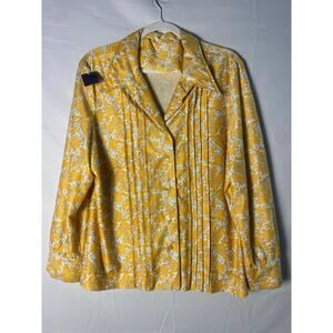 Vintage 60s Yellow Purple Floral Poly Knit Dagger Collar Pleated Button Up Shirt